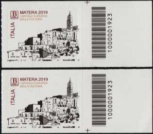 Matera - Capitale europea della cultura 2019 - coppia di francobolli con codici a barra n° 1923  a DESTRA alto-basso
