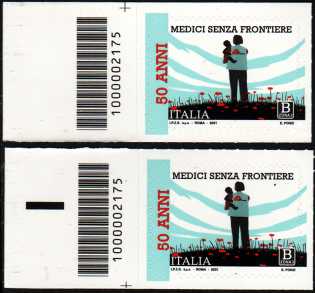 Medici senza frontiere - 50° Anniversario della fondazione - coppia di francobolli con codice a barre n° 2175 a SINISTRA alto basso