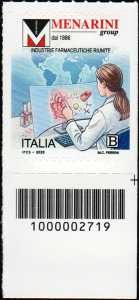 Eccellenze del sistema produttivo e del Made in Italy - settore farmaceutico : Menarini Industrie Farmaceutiche Riunite - francobollo con codice a barre n°  2719   in  BASSO  a  si