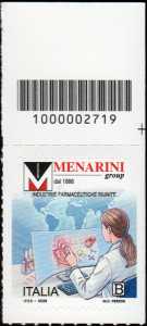 Eccellenze del sistema produttivo e del Made in Italy - settore farmaceutico : Menarini Industrie Farmaceutiche Riunite - francobollo con codice a barre n°  2719   in  ALTO  a  des