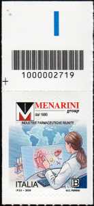 Eccellenze del sistema produttivo e del Made in Italy - settore farmaceutico : Menarini Industrie Farmaceutiche Riunite - francobollo con codice a barre n°  2719   in  ALTO  a  sin
