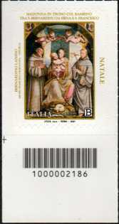 Natale religioso - francobollo con codice a barre n° 2186 in BASSO a sinistra