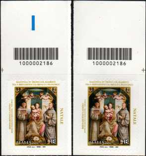 Natale religioso - coppia di francobolli con codice a barre n° 2186 in ALTO destra-sinistra