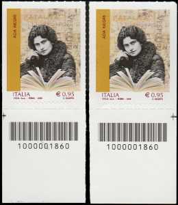 Eccellenze del sapere -  Ada Negri - coppia di francobolli con codici a barre n° 1860 in BASSO destra-sinistra
