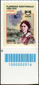 Professione infermieristica - Florence Nightingale - Bicentenario della nascita - francobollo con codice a barre n° 2016 in BASSO a sinistra