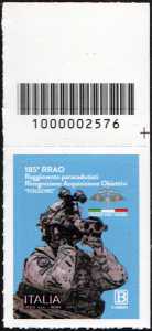 185° Reggimento Paracadutisti Ricognizione Acquisizione Obiettivi FOLGORE - francobollo con codice a barre n° 2576  in  ALTO  a  destra