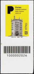 Parma - Capitale italiana della Cultura 2020 - francobollo con codice a barre n° 2026 in BASSO a sinistra
