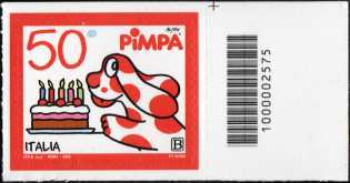 La Pimpa - 50° anniversario - francobollo con codice a barre n° 2575 a  DESTRA  in  alto
