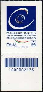 Presidenza Italiana del Comitato dei Ministri del Consiglio d’Europa - francobollo con codice a barre n° 2173 in BASSO  a sinistra