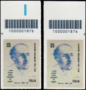 Cinquantenario della scomparsa di Salvatore Quasimodo - coppia di francobolli con codice a barre 1876 in ALTO a sinistra-destra  