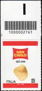 Eccellenze del sistema produttivo economico e del Made in Italy : patatine San Carlo - francobollo con codice a barre n°  2761   in  ALTO  a  sinistra