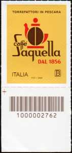 Eccellenze del sistema produttivo economico e del Made in Italy : caffè Saquella - francobollo con codice a barre n°  2762   in  BASSO  a  sinistra