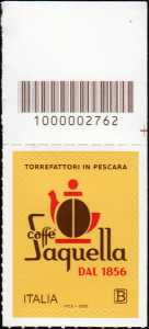 Eccellenze del sistema produttivo economico e del Made in Italy : caffè Saquella - francobollo con codice a barre n°  2762   in  ALTO  a  destra
