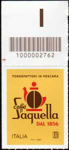 Eccellenze del sistema produttivo economico e del Made in Italy : caffè Saquella - francobollo con codice a barre n°  2762   in  ALTO  a  sinistra