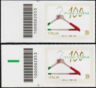 Industrie Toscanini S.r.l. - Centenario della fondazione - coppia di francobolli con codice a barre n° 2053 a SINISTRA alto-basso