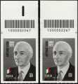 Antonio Segni - 50° Anniversario della scomparsa - coppia di francobolli con codice a barre n° 2267 in ALTO destra-sinistra